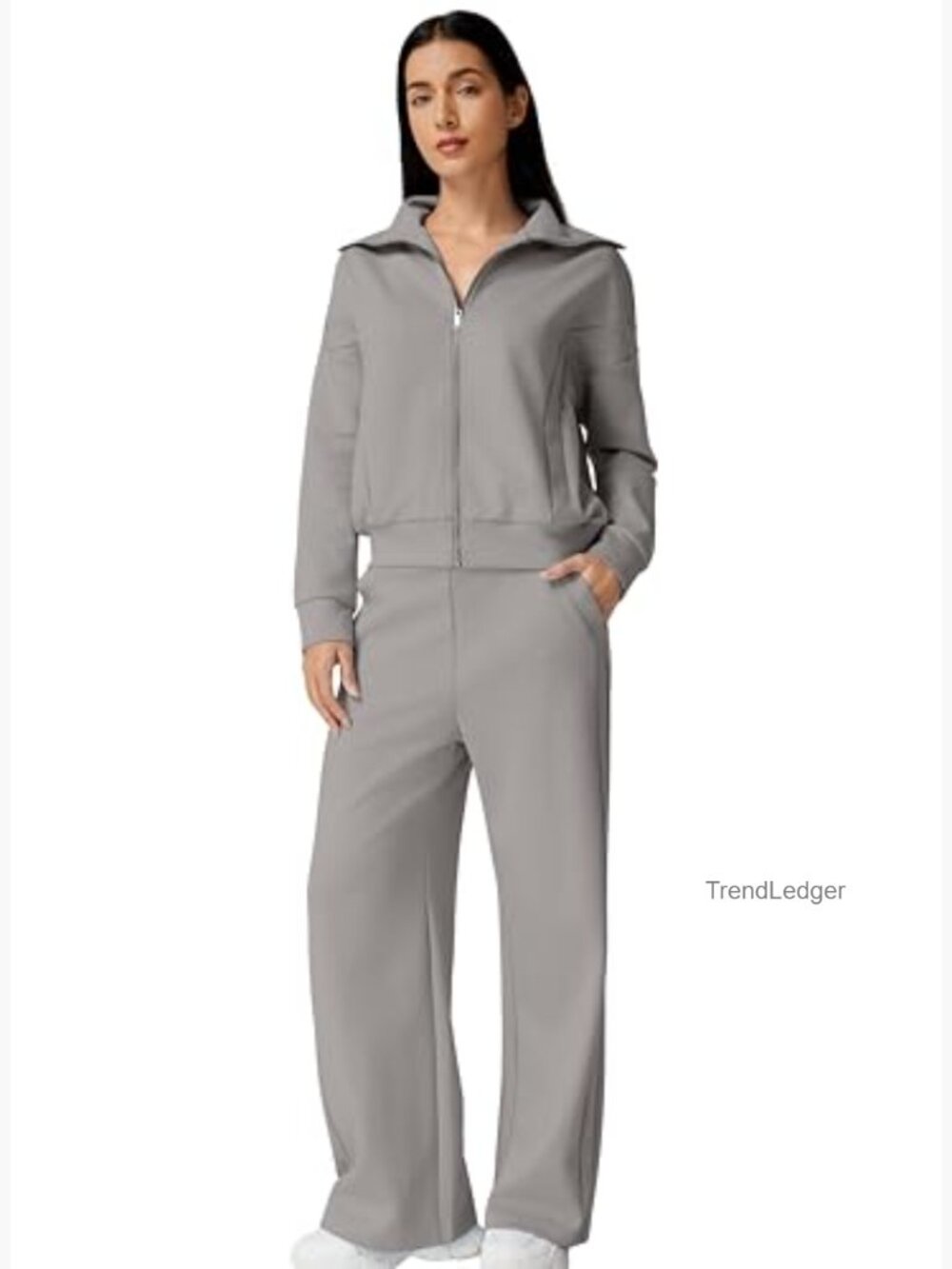 Women's 2 Piece Tracksuit Set Long Sleeve Zip Up Sweatshirt Wide Leg Pants - Picture 5 of 7